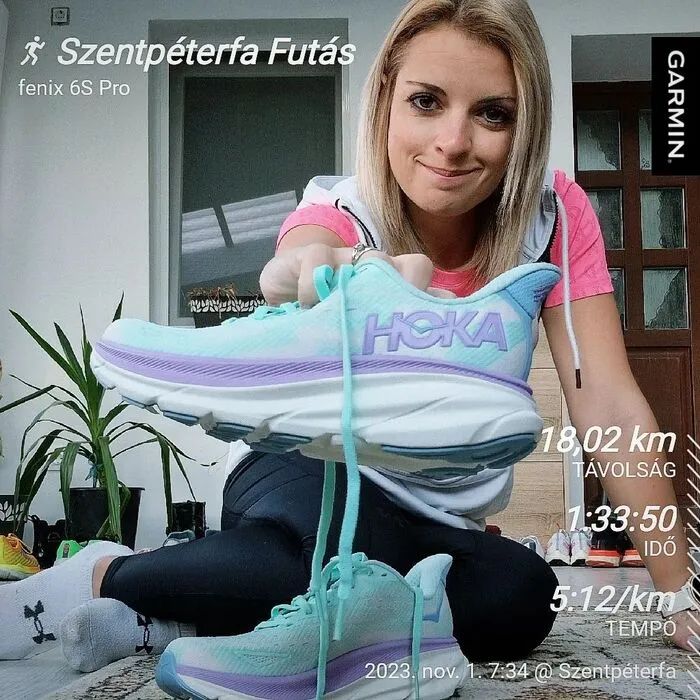 A female in physical activity with Hoka Clifton 9 running shoes