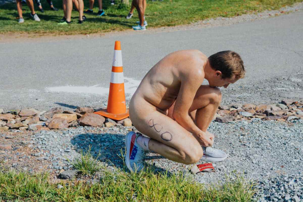 A man participating in a 5k race at Sunny Rest, a nudist resort in the Pocono Mountains