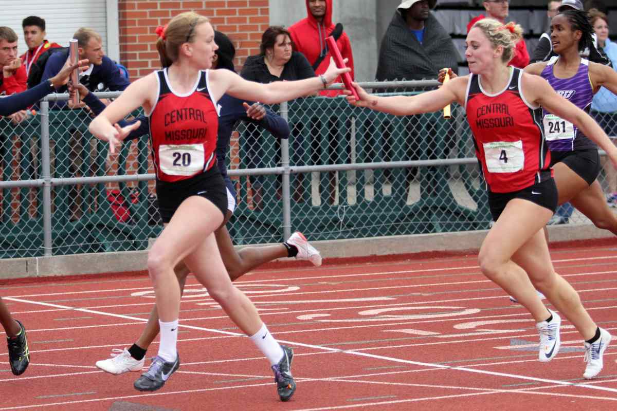 Athletes in a relay to cover a set distance with passing a baton from one runner to the next