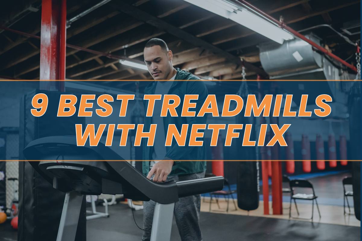 Man running on a treadmill, watching Netflix on TV screen